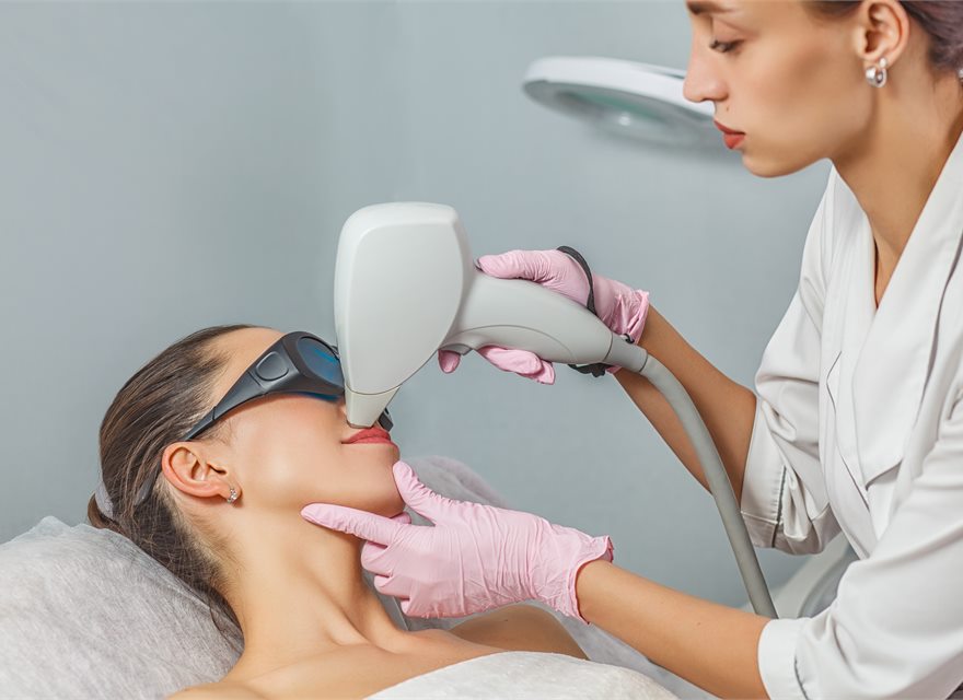 Laser hair removal being performed on a client's upper lip